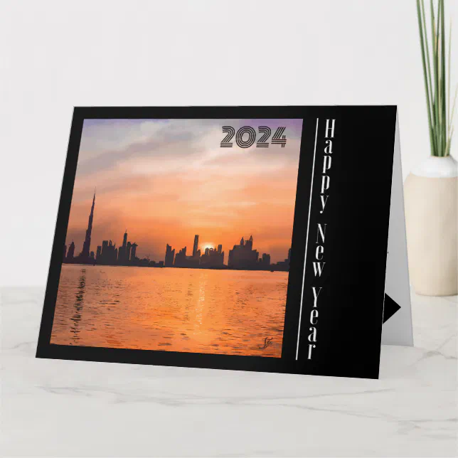 Happy New Year - Sunset over a seaside town Card
