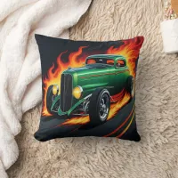 Hot rod racing down a fiery highway at sunset throw pillow