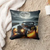 A fiery hot rod racing under a full moon throw pillow