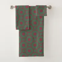 Elegant Simple Dark Red & Green Geometric Pattern Bath Towel Set