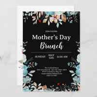 Elegant Blue Wildflowers Black Mother's Day Brunch Invitation