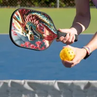 Fire breathing dragon gold blue and red scales pickleball paddle