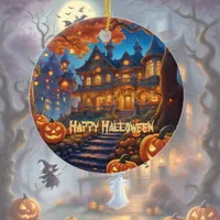 Spooky villa in the forest, pumpkins, Halloween Ceramic Ornament