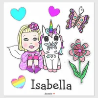 Hand Drawn Blonde Fairy, Unicorn and Name Sticker