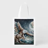 Mosaic Ai Art | Brown Bear and an Eagle Full Moon Grocery Bag