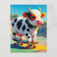 Skateboarding Surreal Colorful and Fun Cow Postcard