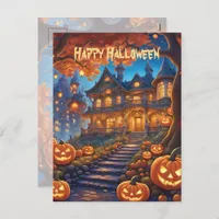 Spooky villa in the forest, pumpkins, Halloween Postcard