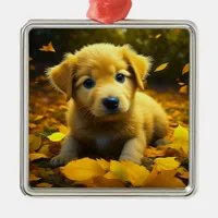 Yellow Labrador Puppy Playing in Fall Leaves Metal Ornament