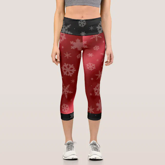 Festive Red Foil Snowflakes Capri Leggings