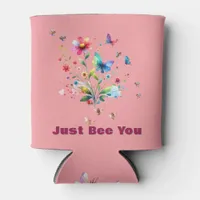 Simple Floral Watercolor Monogram Bee on pink  Can Cooler