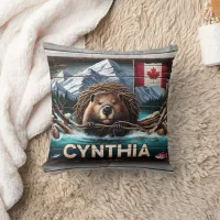 Canadian Beaver in Front of Mountains and Flag Throw Pillow