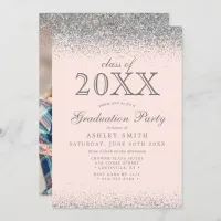 Silver Glitter Blush Pink Photo Graduation Invitation