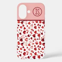 Watercolor Red Hearts Valentine's Day Monogrammed iPhone 16 Case