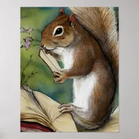 Watercolor Squirrel Reading a Book Poster