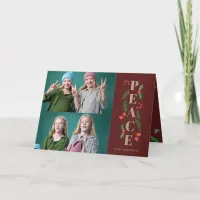 Pine Holly Berry Gold Peace Multiple Photo  Holida Holiday Card