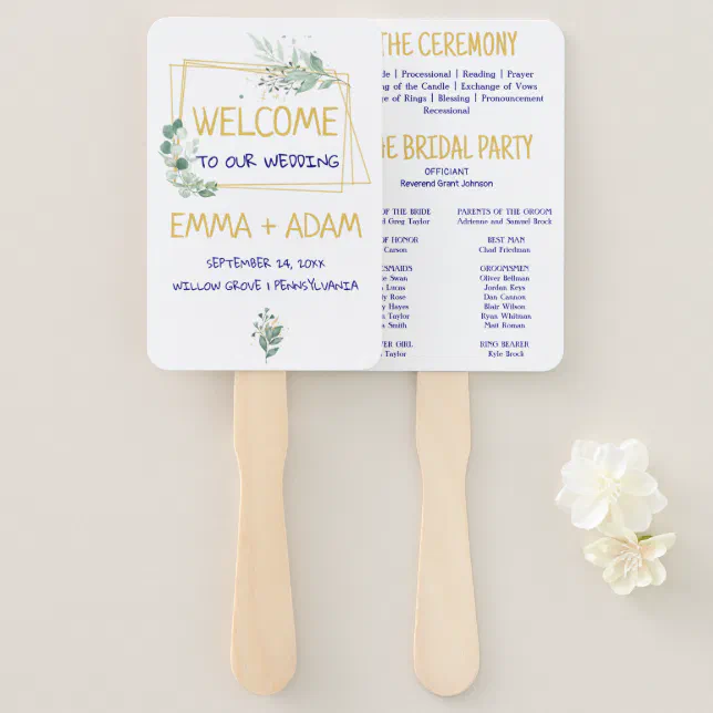 Simple Eucalyptus Greenery Navy Blue and Gold Hand Fan