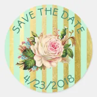 Save the Date Green Gold Flower Striped Stickers