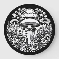 Black and White Flowers and Mushrooms Vintage Large Clock