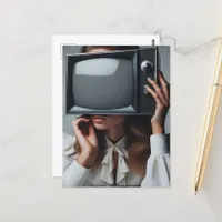 Vintage Woman Holds TV in Front of Her Face Postcard