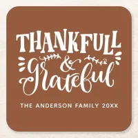 Personalized Thankful & Grateful Fall Square Paper Coaster