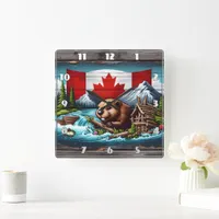 Beaver Building Dam Near Canadian Flag Square Wall Clock