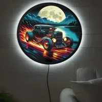 Classic hotrod speeding under the full moon LED sign