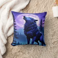 Majestic Blue Wolf Howling Under Full Moon Throw Pillow