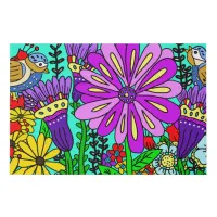 Pretty Colorful Folk Art Style Bird and Flowers Po Faux Canvas Print