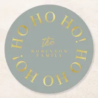 Earthy Green Gold Christmas Ho Ho Ho ID1009 Round Paper Coaster