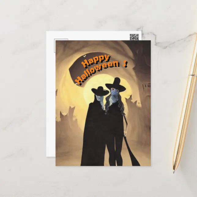 Halloween monsters in town postcard