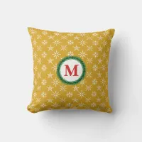 Wreath Monogram White Snowflakes Gold Background Throw Pillow