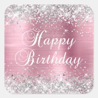 Silver Glitter Light Pink Foil Happy Birthday Square Sticker