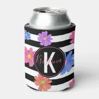 Trendy Floral Black & White Stripes Personalized Can Cooler