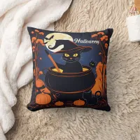 Black cat brewing potions under a Halloween moon Throw Pillow