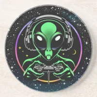 Alien Playing Video Games with Star Background Coaster