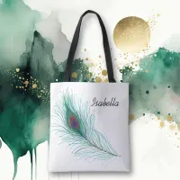 Personalized Turquoise Peacock Feather  Tote Bag