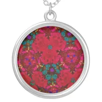 Kaleidoscope Flowers in Red & Blue Green Pattern Silver Plated Necklace