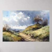 Watercolor hilltop meadow winding path blue sky poster