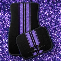 Purple Glitter + Black Stripe Monogram Metallic Car Floor Mat