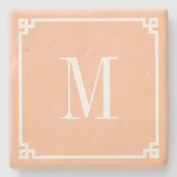 Peach and White Greek Key Border Monogram Stone Coaster