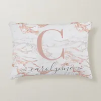 Girly Rose Gold Foil Marble Monogram Accent Pillow