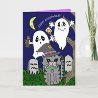 Hand Drawn Cartoon Cat  Halloween Greetings Holiday Card