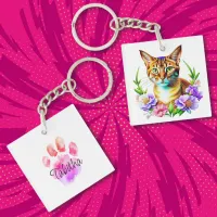 Personalized Watercolor Cat and Flowers  Keychain