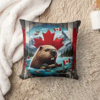 Canadian Beaver in Front of Maple Leaf Background Throw Pillow