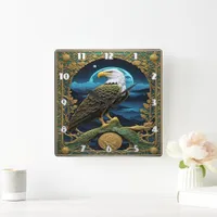 Eagle Perched Against Night Sky With Mountains Square Wall Clock