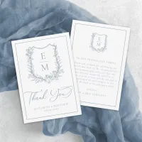 Elegant Dusty Blue Floral Crest Monogram Wedding Thank You Card