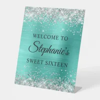 Silver Glitter Turquoise Foil Sweet Sixteen Pedestal Sign