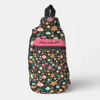 Whimsical Flower Patch on Black Print Sling Bag