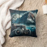 Vintage Cars Near a Castle on a Winter Day Throw Pillow