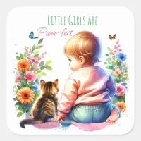 Little Girl and Kitten | Watercolor Baby Shower Square Sticker